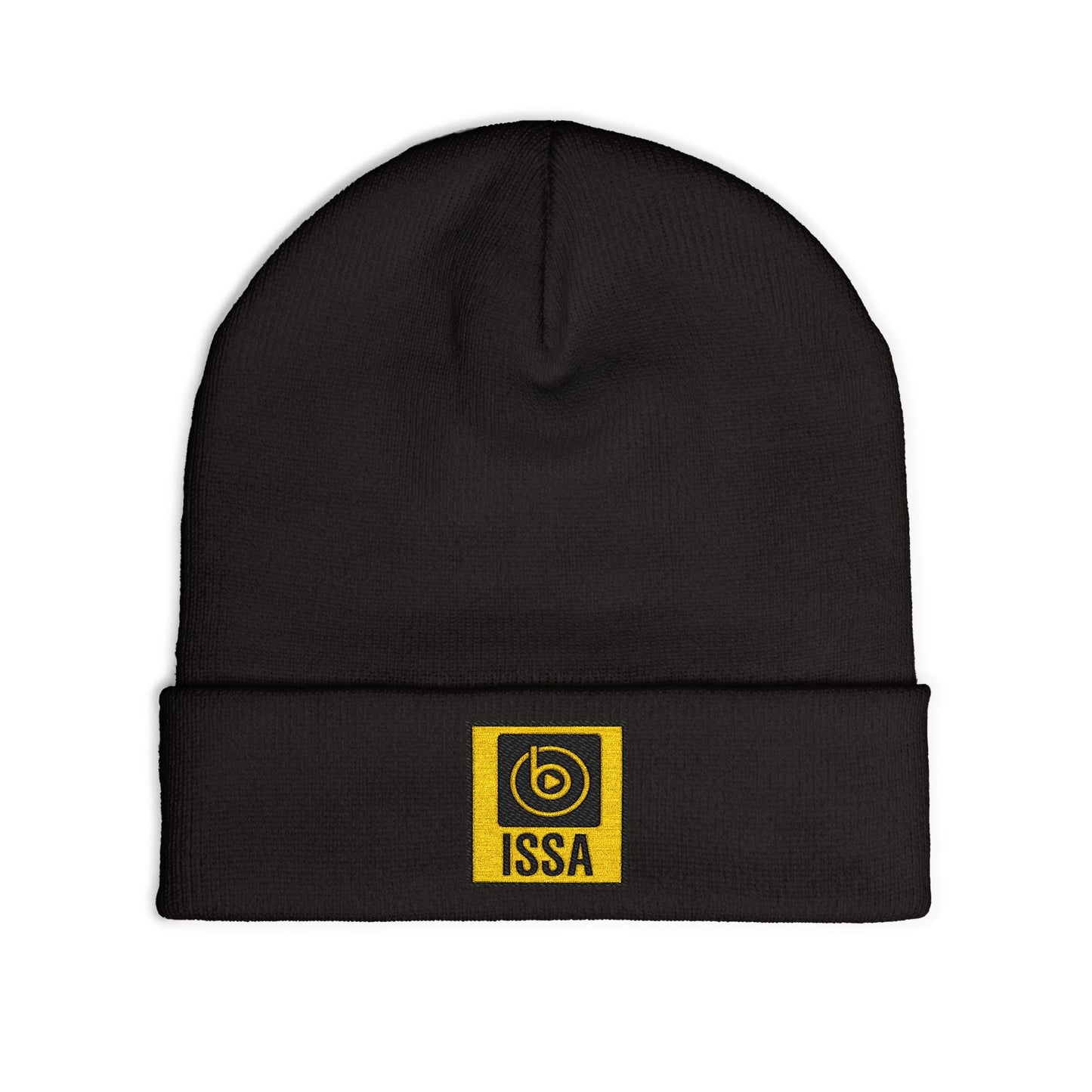 ISSA Embroidered Knit Beanie — Black Cuffed Winter Hat